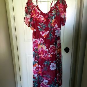 Maroon floral cold shoulder maxi dress